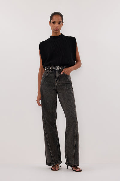 Kristen wearing ARO BLACK KNIT TOP