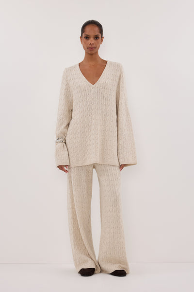 Kristen wearing MAREN CHALK CABLE KNIT JUMPER
