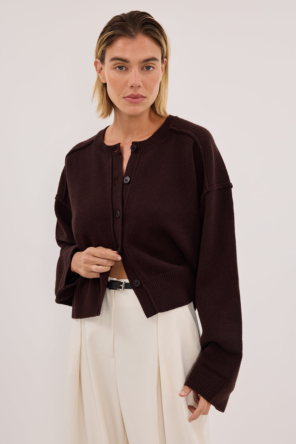 PAIGE CHOC WOOL KNIT CARDIGAN – DISSH