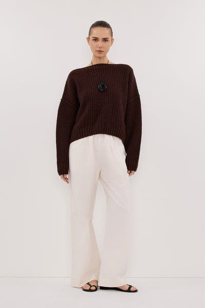 Stas wearing LIN CHOCOLATE BOAT NECK KNIT JUMPER
