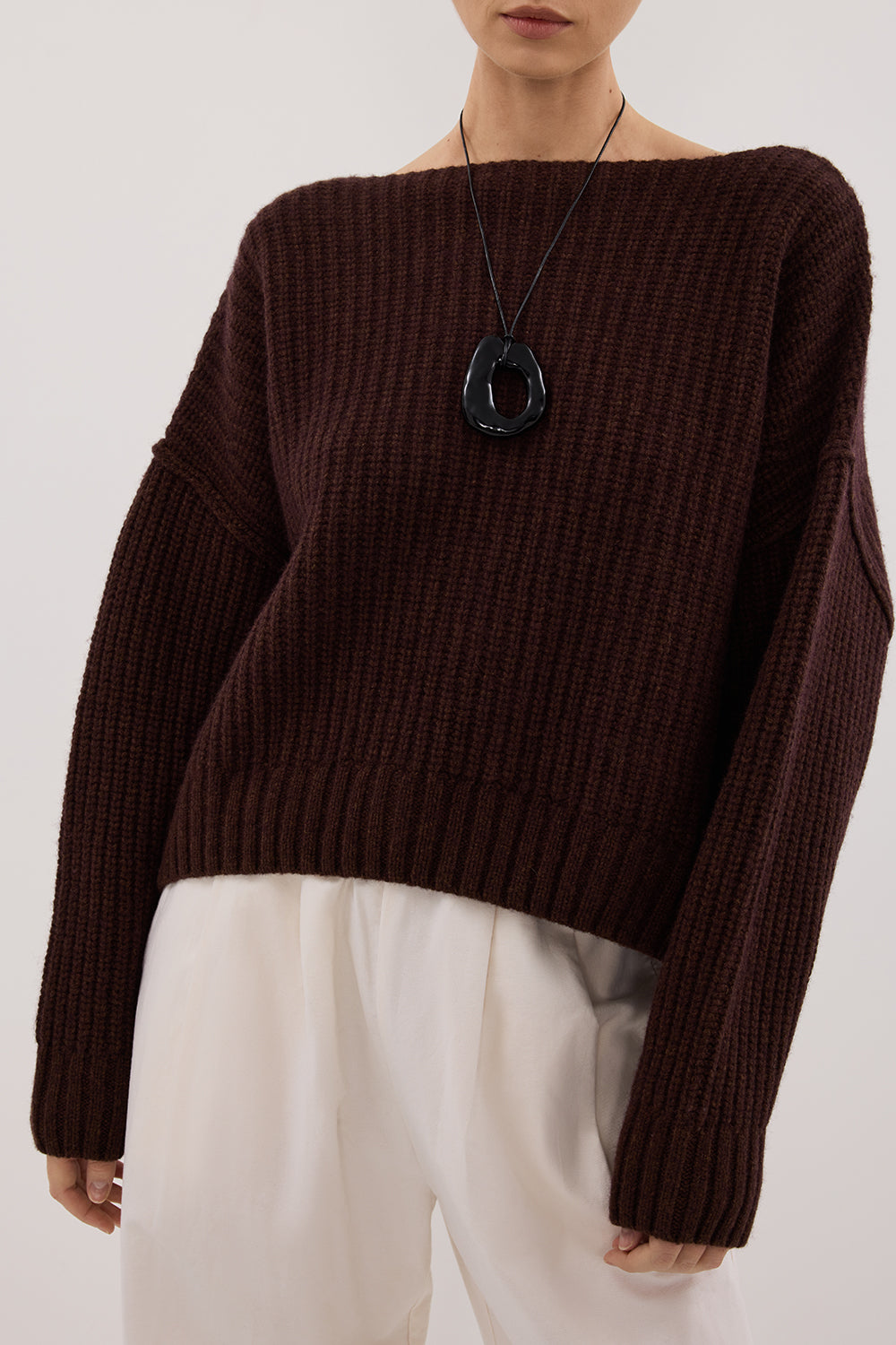 LIN CHOCOLATE BOAT NECK KNIT JUMPER