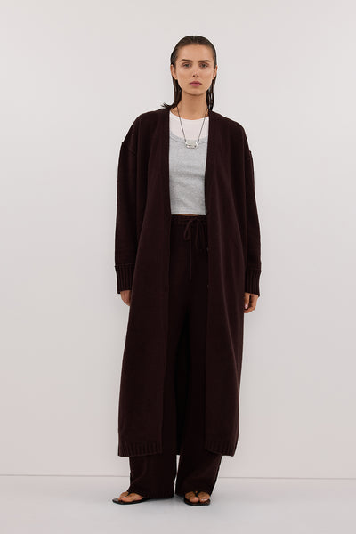 Stas wearing PAIGE CHOC LONGLINE WOOL KNIT COAT