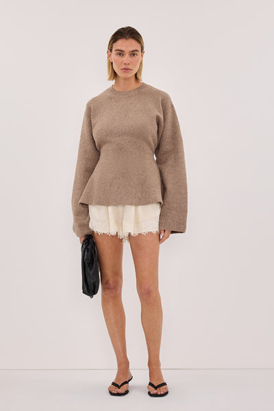 Joanna wearing LANIE CHOC LONG SLEEVE KNIT TOP