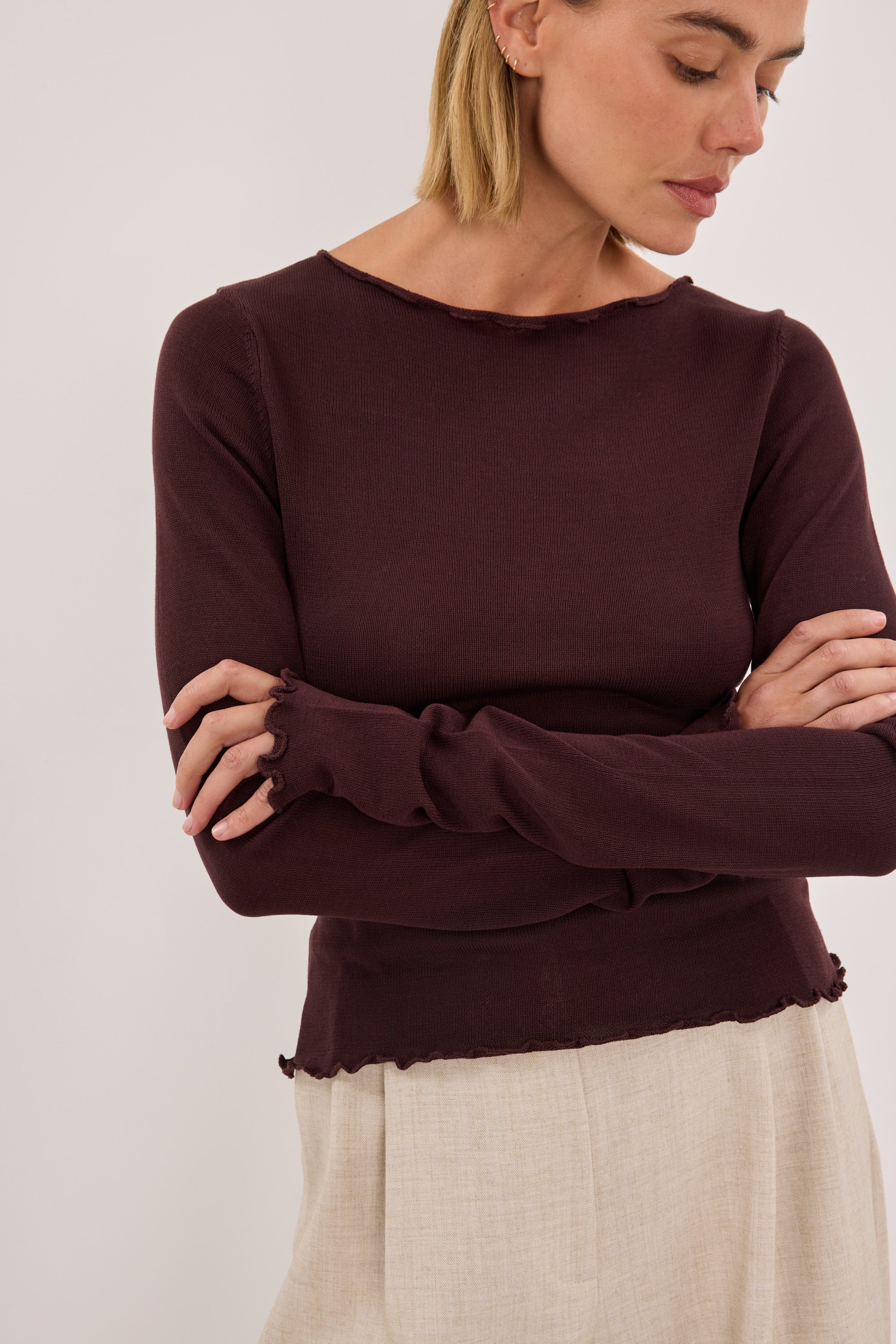 BLAKE PLUM LONG SLEEVE BOAT NECK KNIT TOP