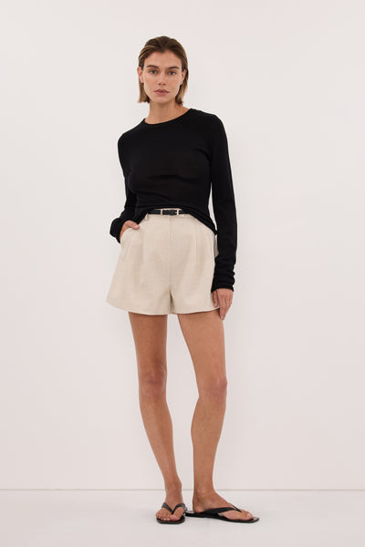 Joanna wearing DUKE BLACK LONG SLEEVE MERINO KNIT TOP