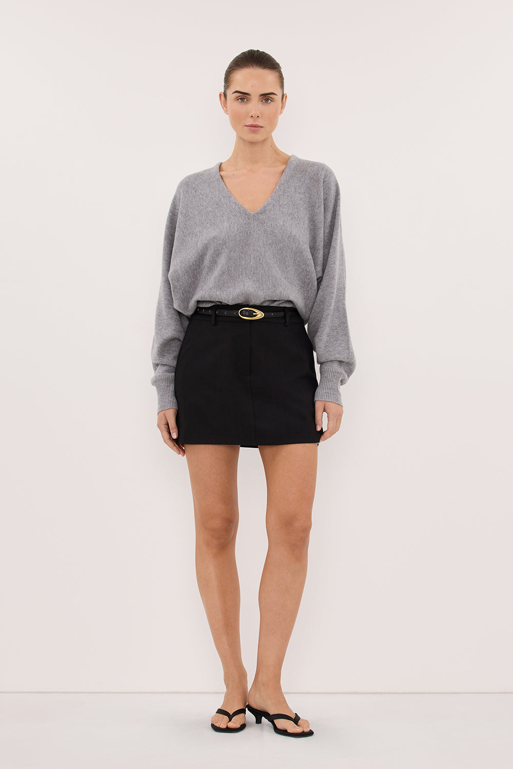 LUMI GREY MARLE V NECK MERINO KNIT JUMPER