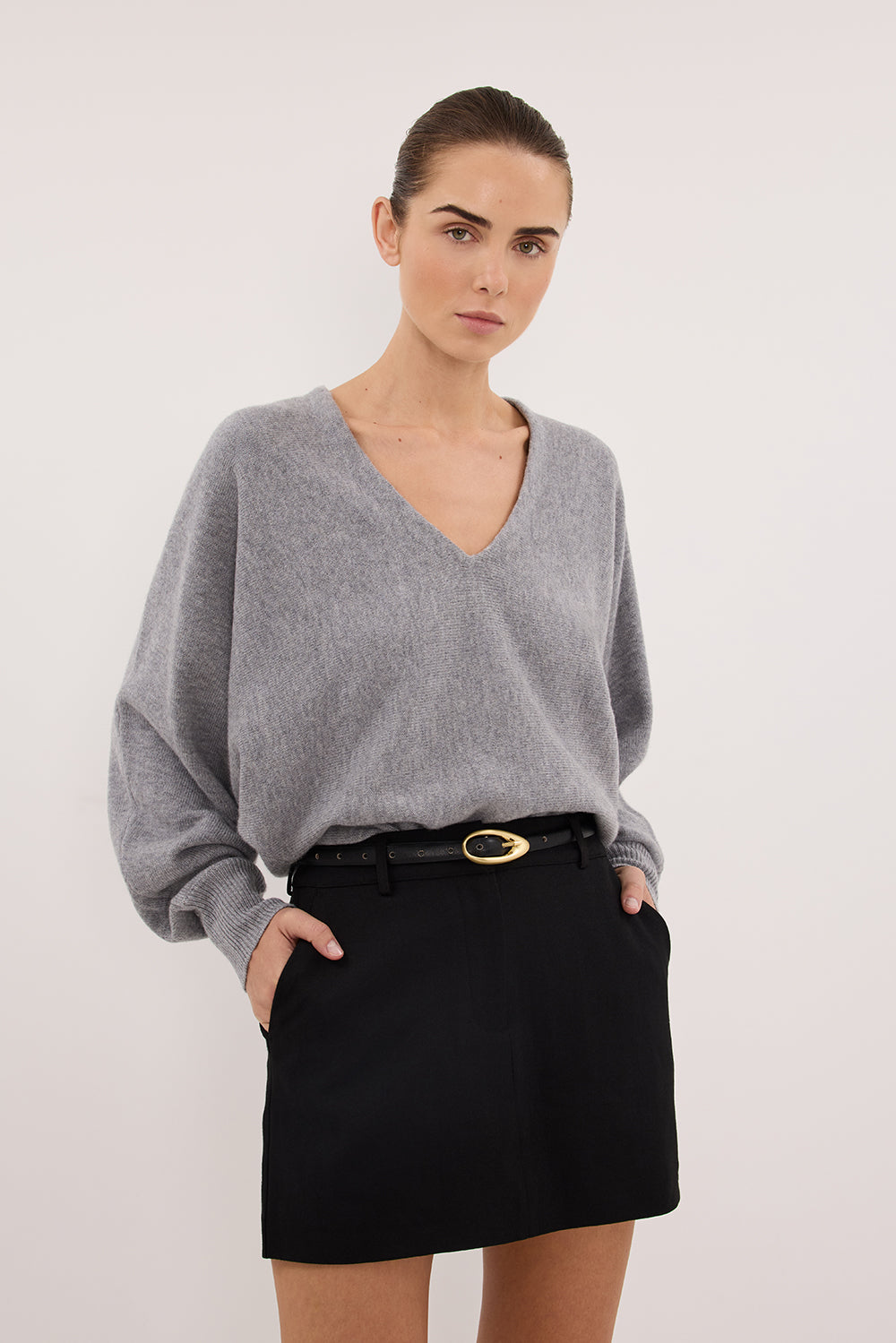 LUMI GREY MARLE V NECK MERINO KNIT JUMPER