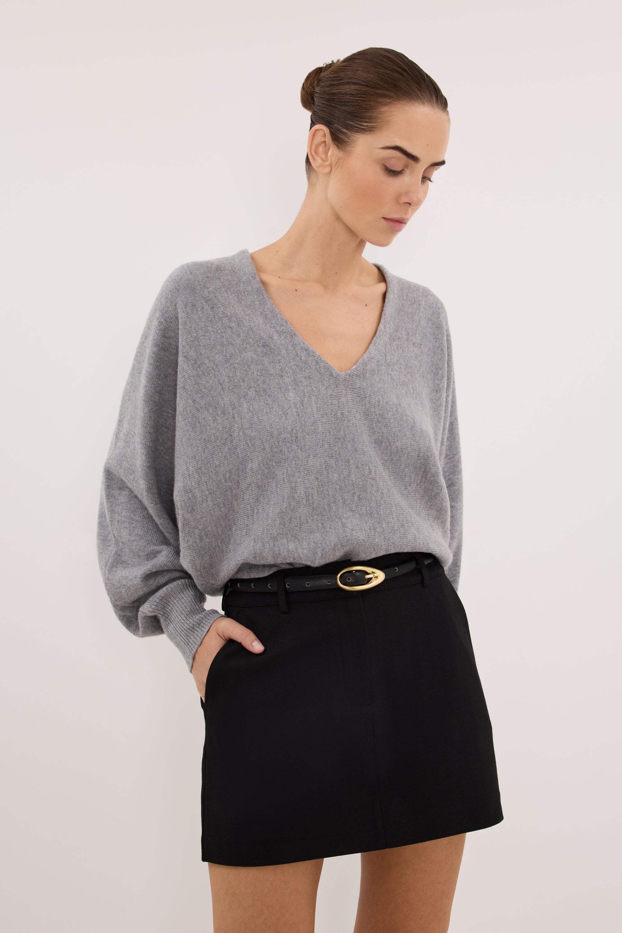 LUMI GREY MARLE V NECK MERINO KNIT JUMPER