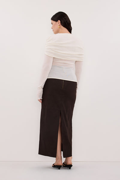Jasmine wearing IVY OFF WHITE MERINO LONG SLEEVE TOP