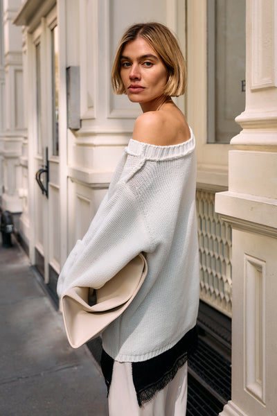 Joanna wearing LEISLE CREAM ASYM KNIT JUMPER