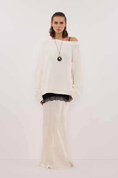 Stas wearing LEISLE CREAM ASYM KNIT JUMPER