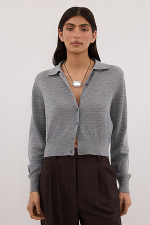 KYRA SILVER LONG SLEEVE MERINO WOOL CARDIGAN