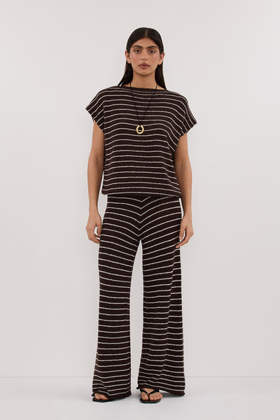 Annie wearing ASPEN CHOC STRIPE KNIT TOP