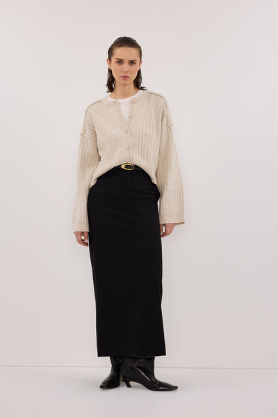 Stas wearing DAHLIA CHALK KNIT CARDIGAN
