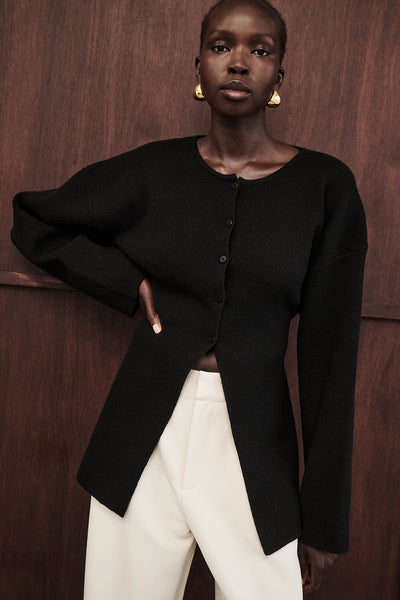 Ajok wearing MARTHA BLACK CINCHED KNIT CARDIGAN