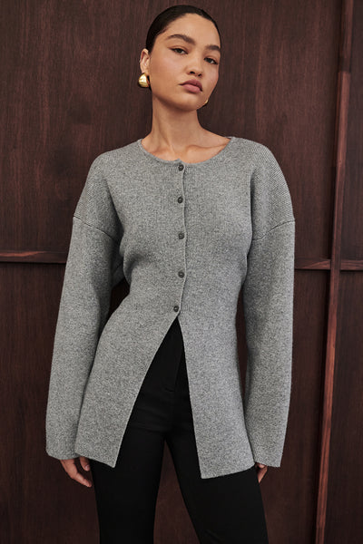 Carol wearing MARTHA GREY MARLE CINCHED CARDIGAN