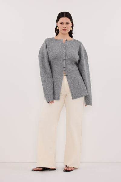 Jasmine wearing MARTHA GREY MARLE CINCHED CARDIGAN
