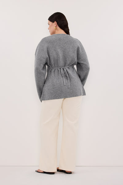 Stas wearing MARTHA GREY MARLE CINCHED CARDIGAN