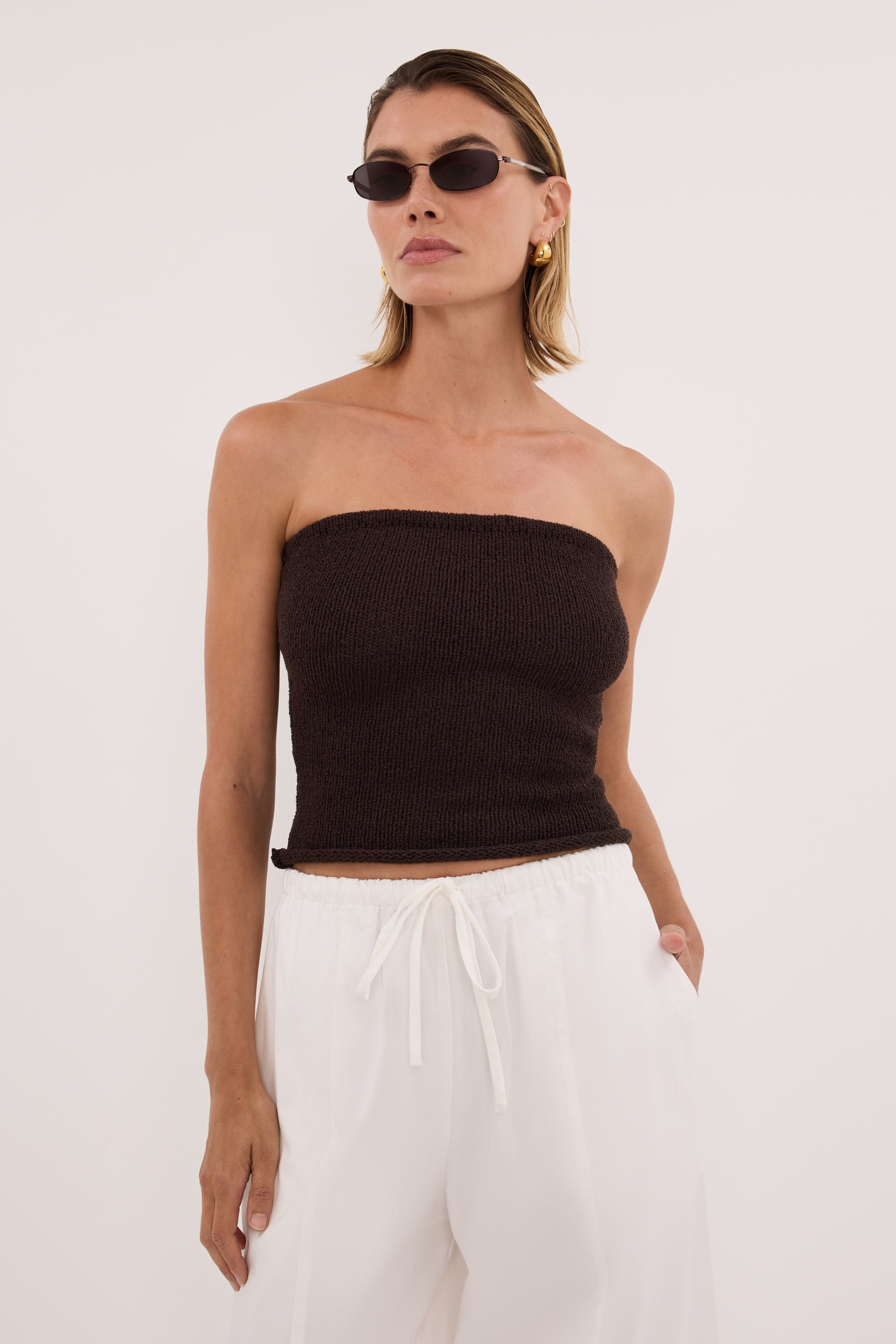 KARA CHOC STRAPLESS BANDEAU KNIT TOP