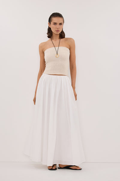 Stas wearing KARA SANDSTONE STRAPLESS BANDEAU KNIT TOP