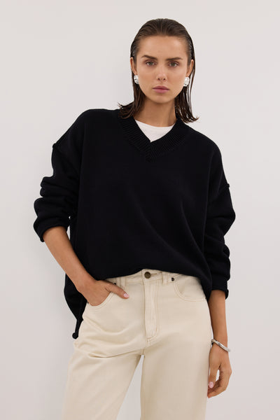 Stas wearing FLINT BLACK V NECK KNIT JUMPER