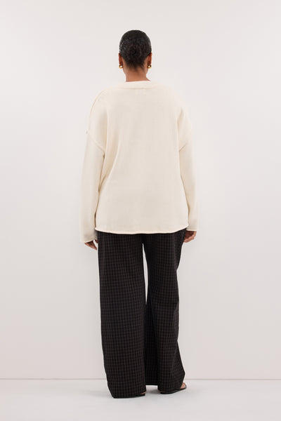 Amanda wearing FLINT CREAM V NECK KNIT JUMPER