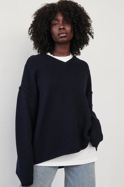 Cynthia wearing FLINT INK V NECK KNIT JUMPER