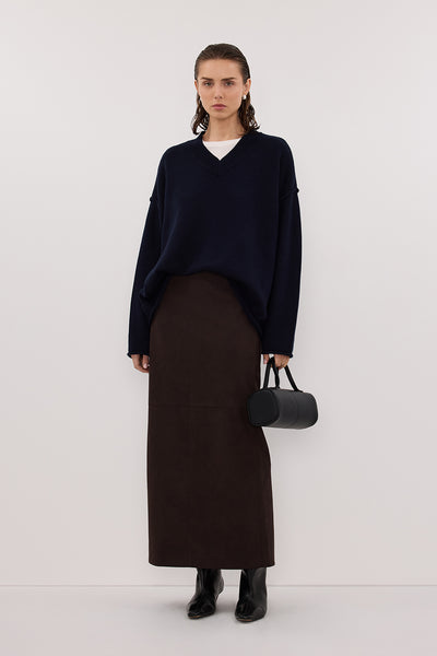 Stas wearing FLINT INK V NECK KNIT JUMPER