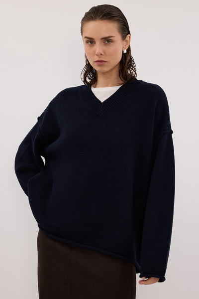 Cynthia wearing FLINT INK V NECK KNIT JUMPER