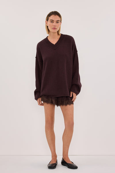 Joanna wearing FLINT PLUM V NECK KNIT JUMPER