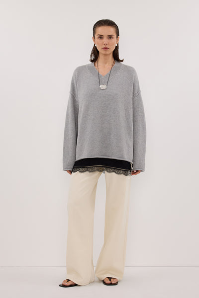 Stas wearing FLINT SILVER V NECK KNIT JUMPER