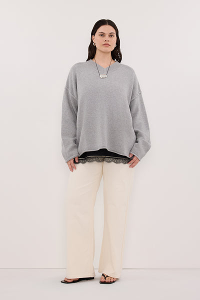 Jasmine wearing FLINT SILVER V NECK KNIT JUMPER