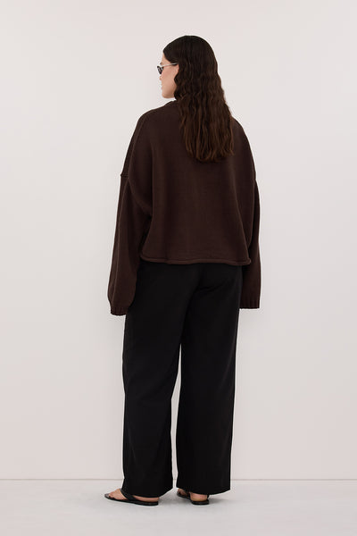 Jasmine wearing BAY CHOC KNIT JUMPER