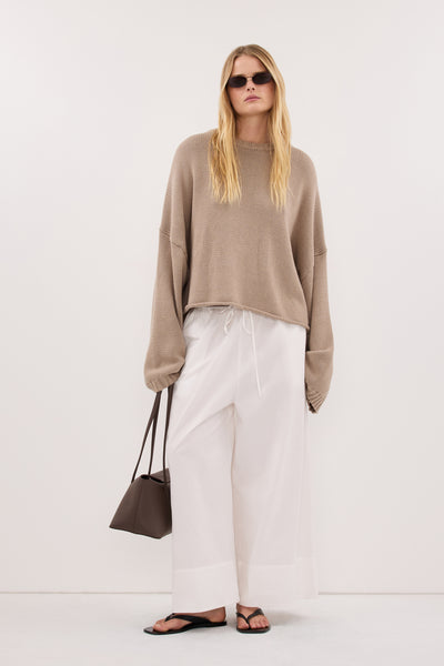 Zoe wearing BAY TAUPE KNIT JUMPER