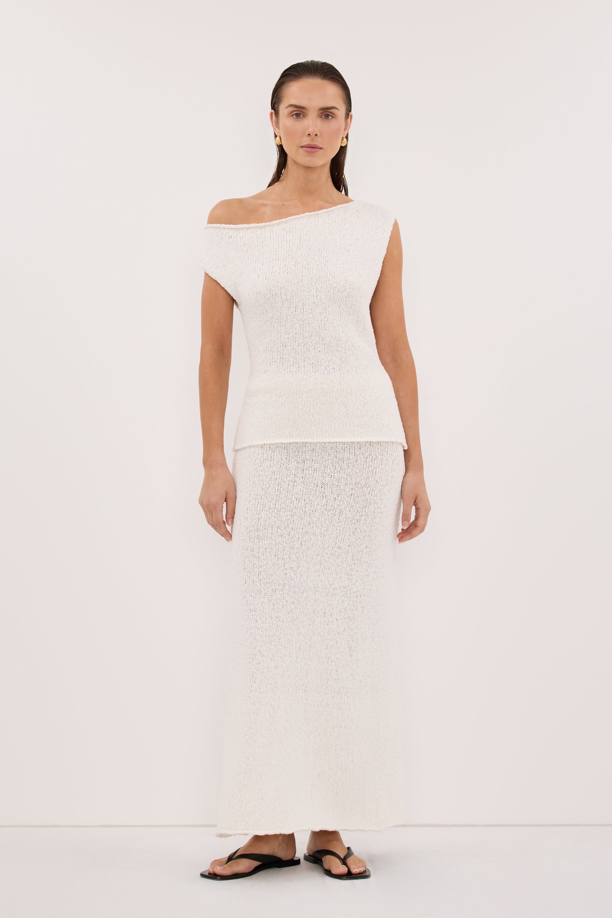 DINA OFF WHITE COTTON ASYM KNIT TOP