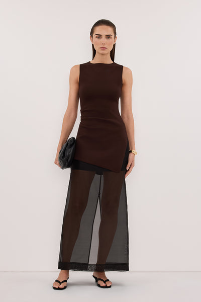 Stas wearing CLEO CHOC SLEEVELESS LONGLINE KNIT TOP