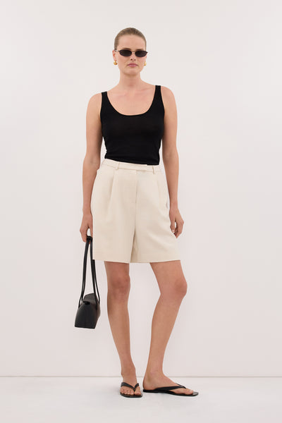 Zoe wearing DUKE BLACK MERINO KNIT TANK