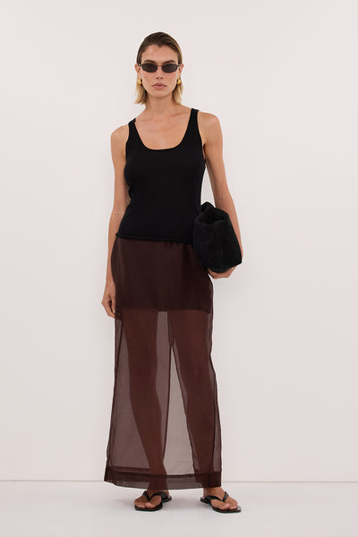 Zoe wearing DUKE BLACK MERINO KNIT TANK