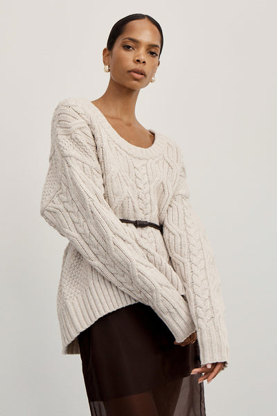 Kristen wearing ROSE CHALK CABLE KNIT SWEATER
