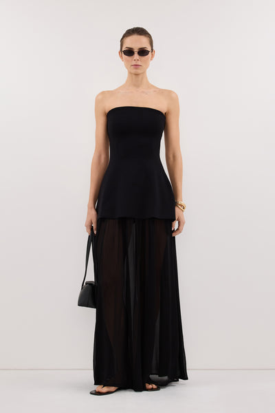 Stas wearing COCO BLACK LONGLINE BANDEAU KNIT TOP