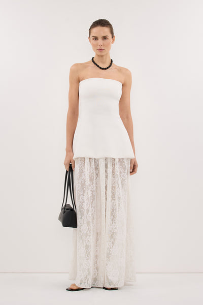 Stas wearing COCO OFF WHITE LONGLINE BANDEAU KNIT TOP
