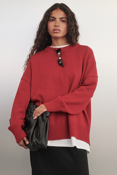 Keilani wearing MILA BURNT RED CREW NECK KNIT JUMPER