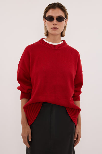 Joanna wearing MILA BURNT RED CREW NECK KNIT JUMPER