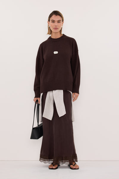 Joanna wearing MILA CHOCOLATE CREW NECK KNIT JUMPER