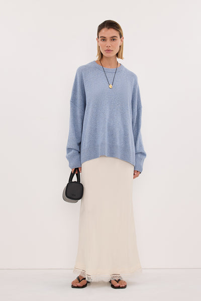 Joanna wearing BELLA SKY BLUE CREW NECK KNIT JUMPER