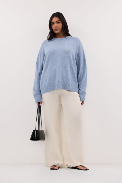 Shanaya wearing BELLA SKY BLUE CREW NECK KNIT JUMPER