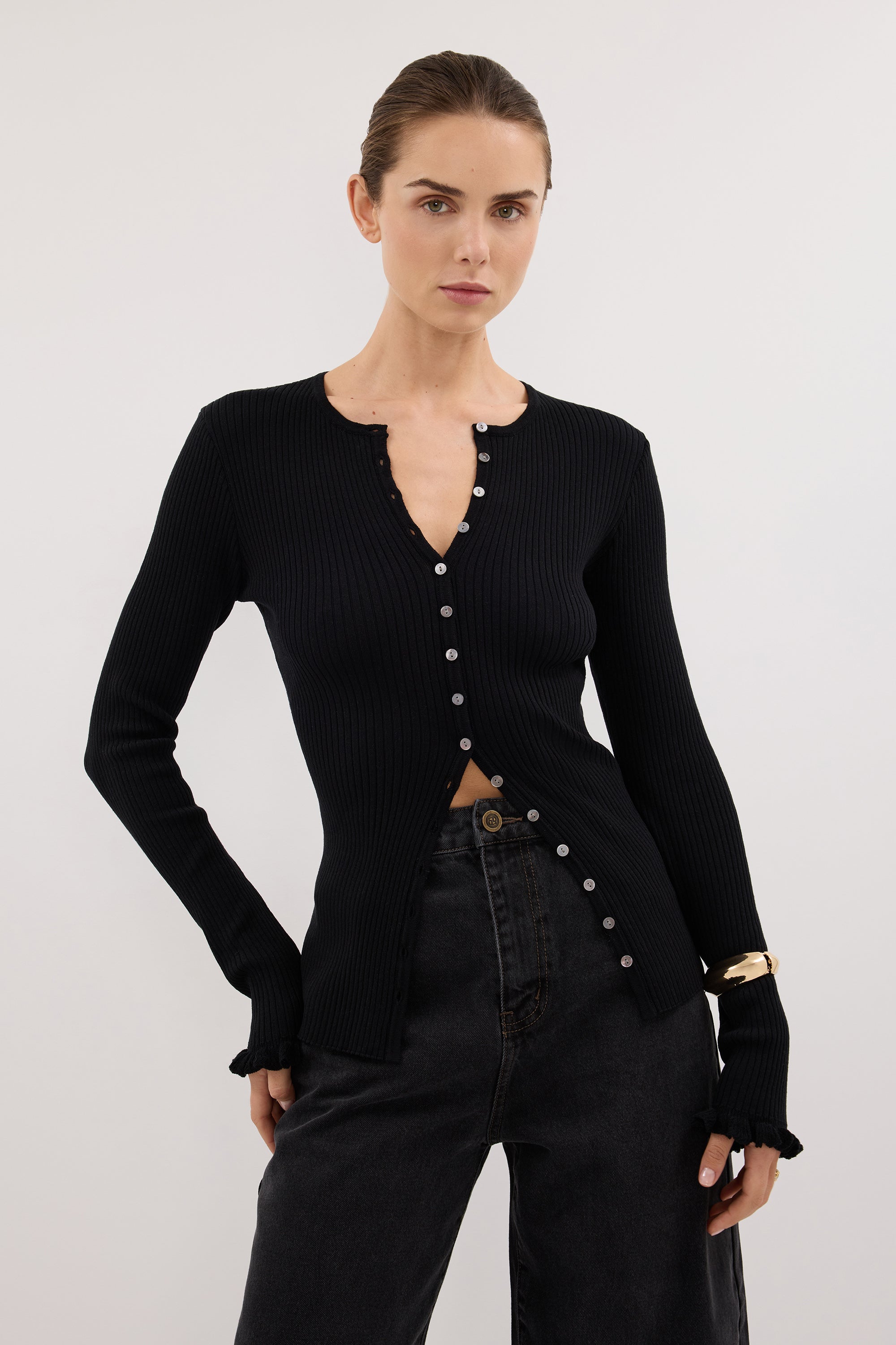 KAIA BLACK RUFFLE KNIT CARDIGAN