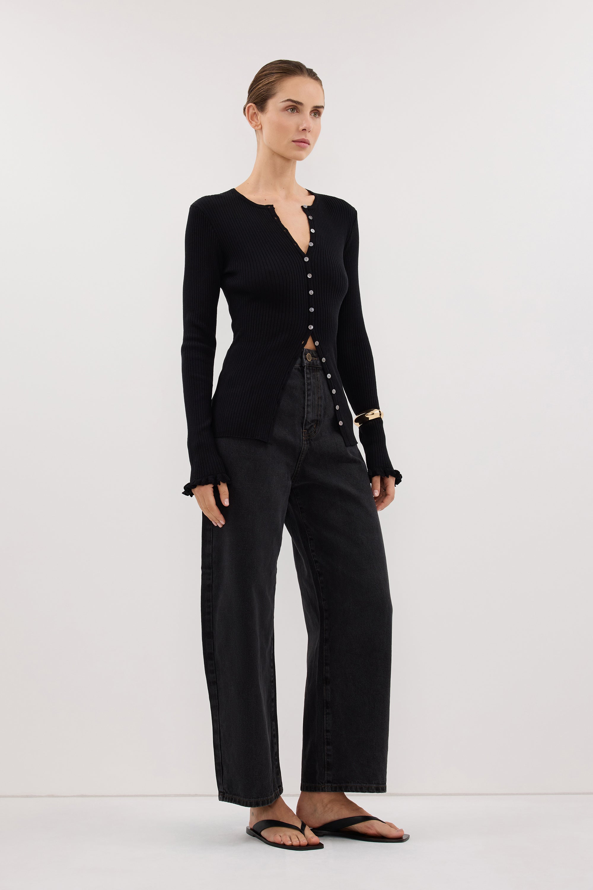 KAIA BLACK RUFFLE KNIT CARDIGAN – DISSH