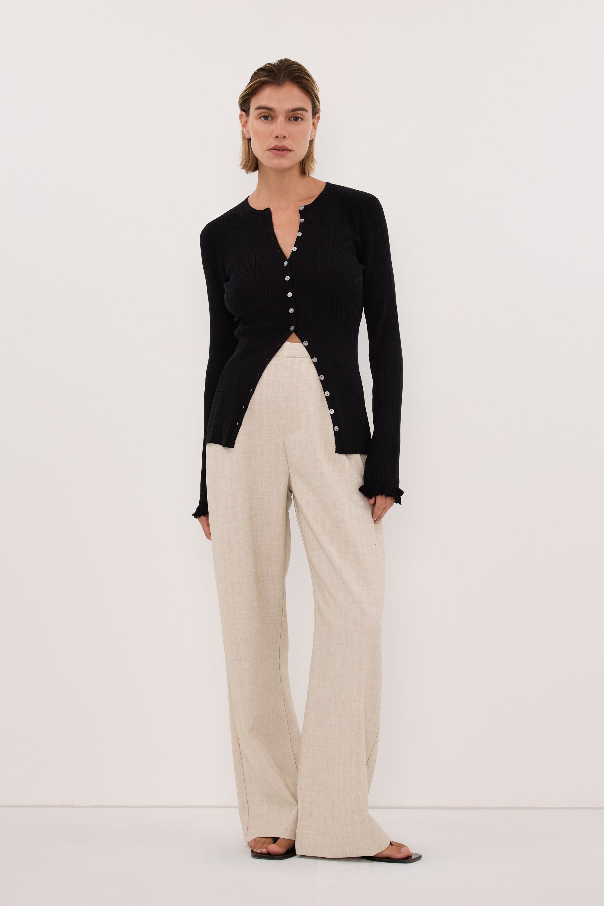 KAIA BLACK RUFFLE KNIT CARDIGAN