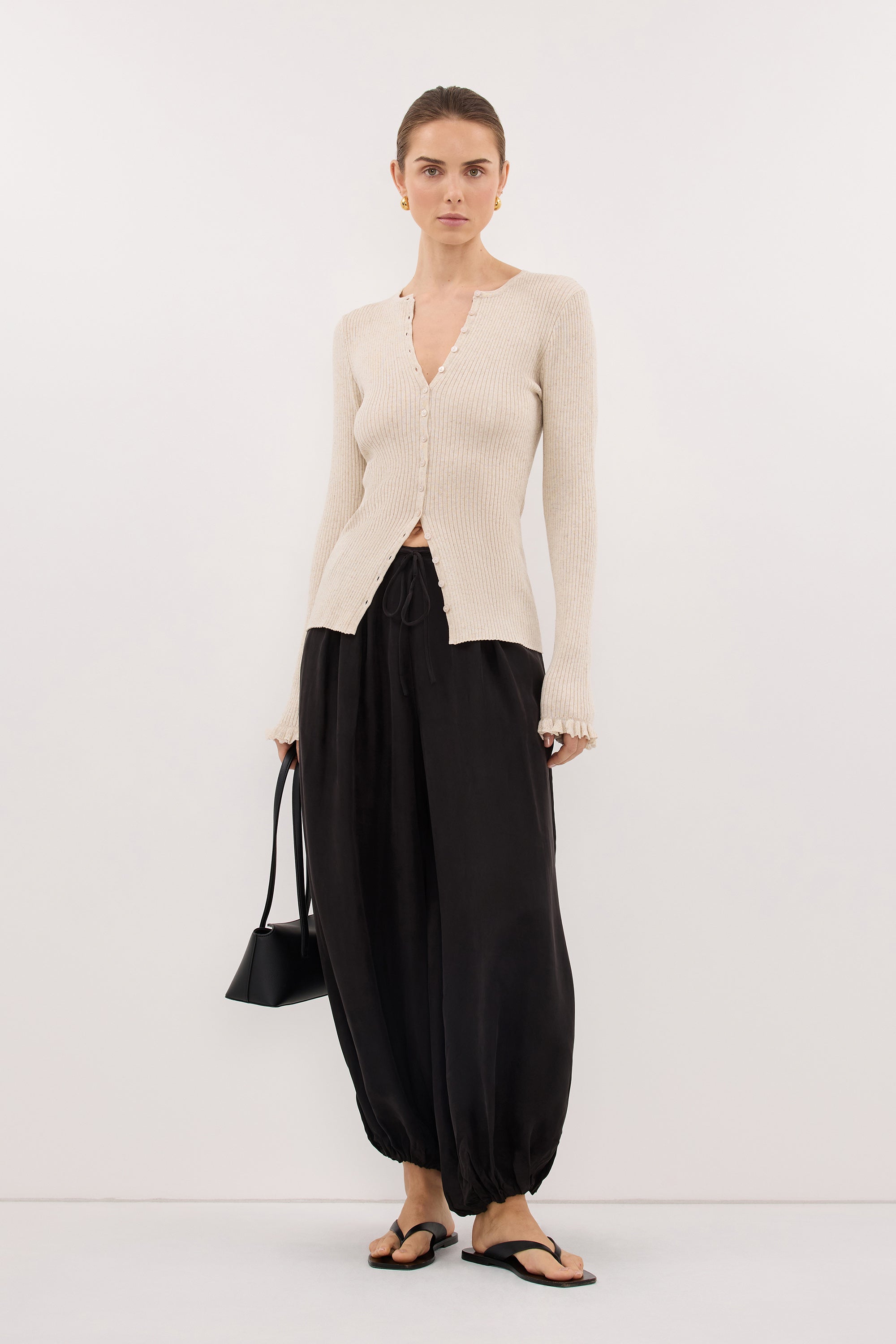 KAIA NATURAL RUFFLE KNIT CARDIGAN